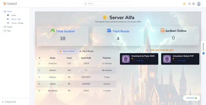 Union2 server presentation page showing Metin2 server details, features and public information