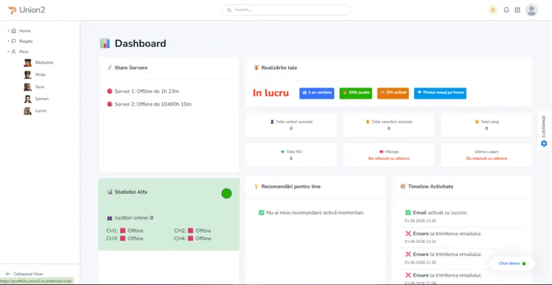 Union2 player dashboard with rankings, guilds, activity timeline, server statistics and event data