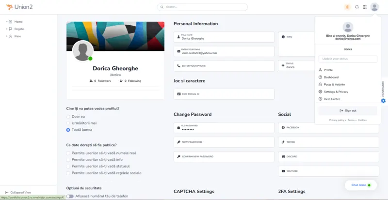 Union2 account settings page with profile details, privacy options, security settings and account transfer features